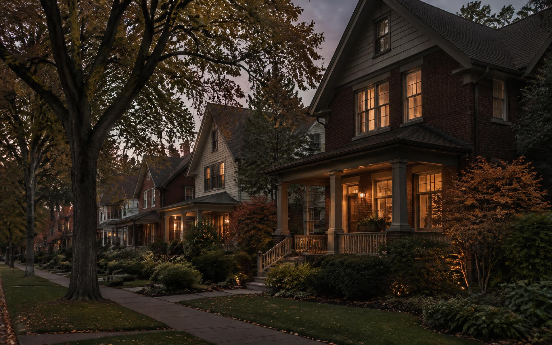 Tree-lined residential street of classic Cleveland homes at dusk