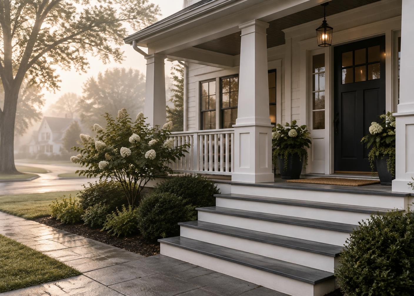 Front porch and steps of a residential home in early morning light